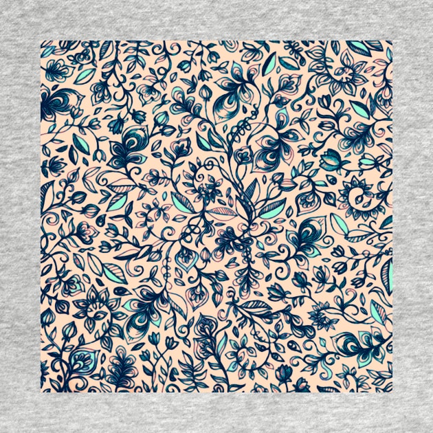 Teal Garden - floral doodle pattern in cream & navy blue by micklyn